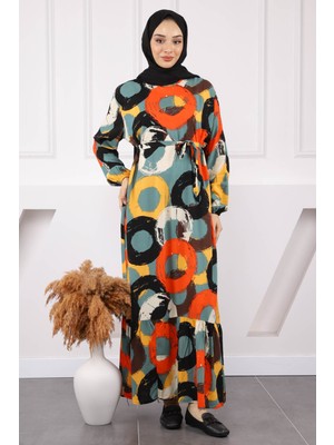 İmaj Butik Haki Desenli Eteği Katlı Viscon Elbise