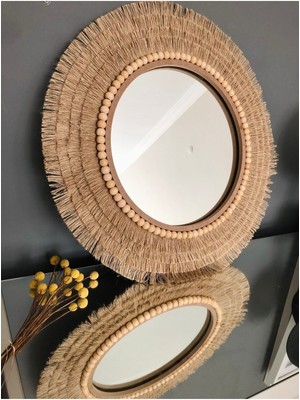 El Yapımı Tasarım Ahşap Boncuklu Jüt Ayna Ofis-Duvar-Balkon Dekorasyonu