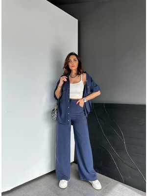 Egzotik Asortik Kadın V Yaka Iri Cebi Çıt Çıt Detaylı Bel Arkası Lastikli Pantolonlu Ince Gömlek & Pantolon Ikili Takım