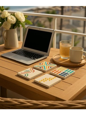 Modern Geometrik Desenli Renkli Doğal Taş Bardak Altlığı 4’lü Set, Şık Masa Sunum Ürünü