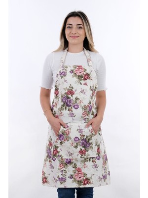 Mediterian Ayarlanabilir mor gül desenli şef önlüğü, şıklık ve konfor için ideal. 60x80 cm, pamuk polyester