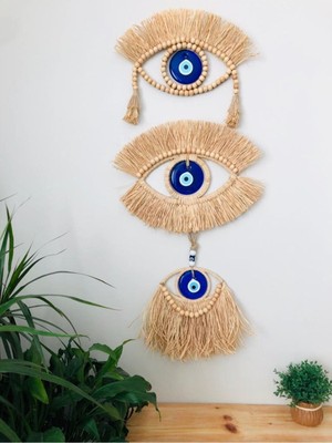 Doğal Muz Lifinden El Yapımı 3 Lü Nazar Boncuklu Duvar Ofis Balkon Aksesuar ve Dekorları