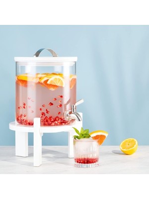 5 Litre Cam Içecek Sebili - Musluk Kapaklı ve Bambu Standlı  Sıcak ve Soğuk Içecekler Için Su Sebili