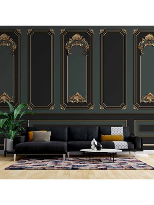 3 Boyutlu Siya ve Yeşil Panel Altın Motif Duvar Kağıdı Baskı