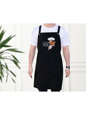 Mediterian Şık Siyah Mutfak Önlüğü, Aşçı ve Şef İçin, Hediye Seçeneği 77x150 cm
