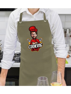 Mediterian Kişiye Özel Erkek Chef Karikatürlü Haki Yeşil Mutfak Önlüğü 77x150 Boyut