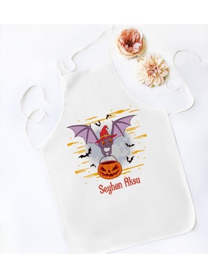 Mediterian Kişiye Özel Renkli Halloween Temalı Beyaz Mutfak Önlüğü, 8 Kişilik Set, Pamuk Malzeme