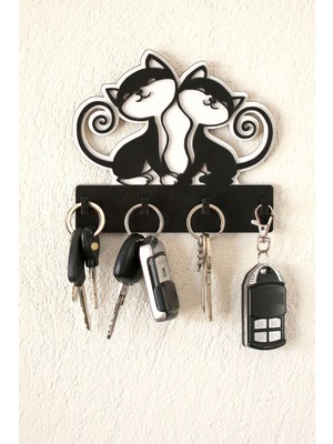 Sevimli Kediler Anahtar Askılığı Dekoratif Ahşap Anahtarlık Duvar Süsü