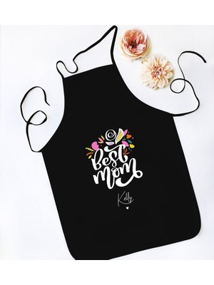 Mediterian Kişiye Özel Anneler Günü Tasarımlı Siyah Mutfak Şef Önlüğü 77x150 Renkli
