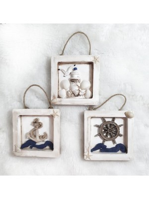 El Yapımı Fener-Dümen-Çapa Objeli Çerçeve Seti / Duvar Süsü Beyaz 3'lü Set.