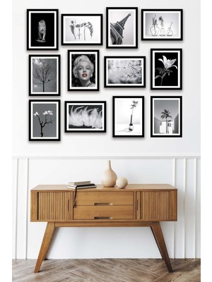 10 Parça Siyah Beyaz Modern Tarzda Siyah Çerçeve Görünümlü Mdf Tablo Seti