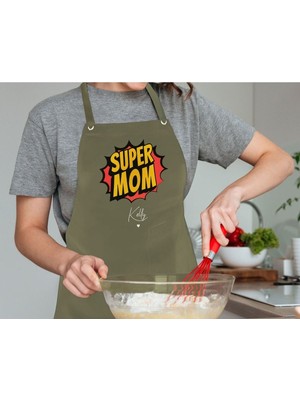 Mediterian Kişiye Özel Anneler Günü Haki Mutfak Önlüğü, Renkli Tasarım, 77x150 cm, Keten Malzeme