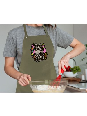 Mediterian Renkli Haki Mutfak Önlüğü, Şef Tasarımı, Keten, 77x150 cm