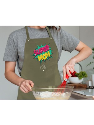 Mediterian Kişiye Özel Anneler Günü Haki Mutfak Önlüğü, Aşçı ve Şef İçin Şık Tasarım (77x150)