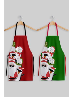 Mediterian Yılbaşı Temalı 2'li Aile Mutfak Önlüğü Seti, Kırmızı, Şık ve Kullanışlı, 55x70 cm
