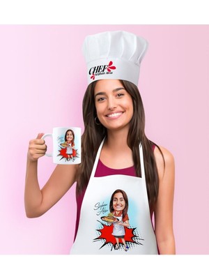 Mediterian Kişiye Özel Renkli Mutfak Takımı: Önlük, Şapka ve Kupa Seti, Pamuk, Çok Renkli