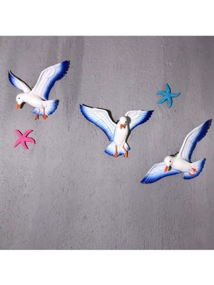 3'lü Dekoratif Kuş 3 Boyutlu Martı, Duvar Süsü Mavi 3'lü