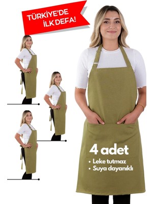 Mediterian Fıstık Yeşili 4'lü Ayarlanabilir Mutfak Askılı Önlük Seti, 60x80 cm, Pamuk Polyester