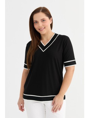 Büyük Beden V Yaka Kısa Kol Ribanalı Penye Bluz