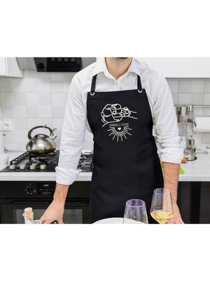Mediterian Kişiye Özel Siyah Mutfak Önlüğü, Babalar Günü Temalı, Profesyonel Aşçı Tasarımı 77x150