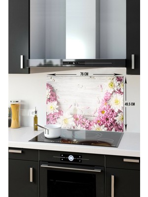 Cam Ocak Arkası Koruyucu | Pembe Kasımpatı | 49,5cm x 76CM
