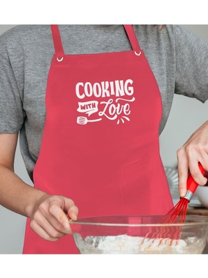 Profesyonel Cooking With Love Tasarımlı Pembe Mutfak Önlüğü, Aşçı Önlüğü, Şef Önlüğü, Ev Hed