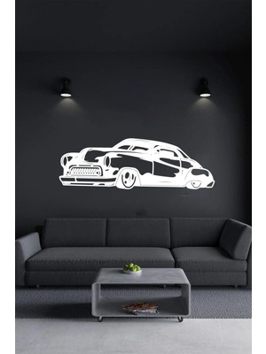 Beyaz Eski Klasik Araba Ahşap Tablo Lazer Kesim 3mm Duvar Dekorasyon Süsü (Kendinden Yapışkanlı)