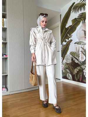 Aselim Hijap Moda Ithal Pamuklu  Kumaş Fermuarlı Ceketli Apoletli Yakalı Takım Haki Yeşil