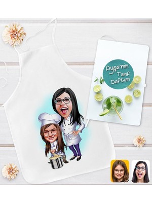 Mediterian Kişiye Özel Anne Kız Karikatürlü Mutfak Önlüğü ve Tarif Defteri Hediye Seti