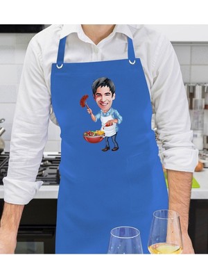 Mediterian Kişiye Özel Erkek Mavi Barbekü ve Mutfak Önlüğü, 77x150 cm, Pamuk Polyester