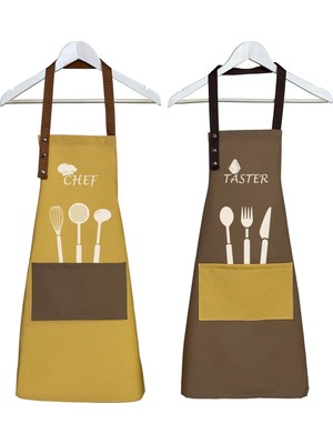 Mutfak Önlüğü Seti 2'li Hardal Kahve Leke Tutmaz Su Itici Kumaş Şef Baskı Çeyiz Önlük