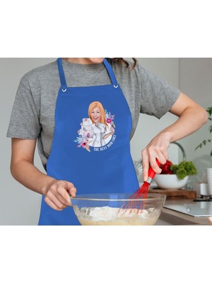 Kişiye Özel Anneler Günü Karikatürlü Profesyonel Mavi Mutfak Önlüğü, Aşçı Önlüğü, Şef Önlüğü