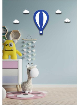Mavi Balon Duvar Süsü+ 4 Mini Bulut Ahşap Duvar Dekoru