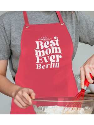 Mediterian Kişiye Özel Anneler Günü Kırmızı Keten Mutfak Önlüğü, Tek Ebat