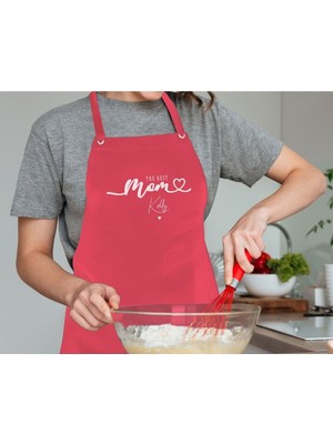 Mediterian Kişiye Özel Kırmızı Mutfak Önlüğü, Anneler Günü Tasarımı, Şık ve Renkli, Keten, 77x150 cm