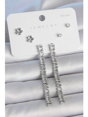 Pirinç Gümüş Renk Zirkon Taşlı Su Yolu Model Çiçek Detay 925 Ayar Gümüş Çivi Kadın Küpe Seti