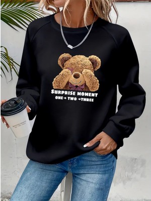 Janes Kadın Uzun Kollu Bisiklet Yaka Ayıcık Desenli Viskon Iki Iplik Bluz