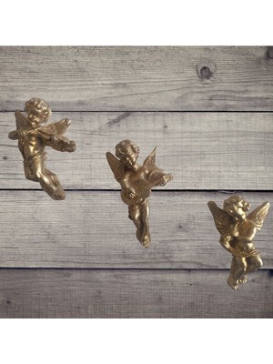 Üçlü Gold Dekoratif Duvar Askılı Melek Biblo Uzunluk 11X6 cm