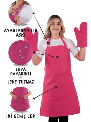 Simple 3'lü Set Ayar Askılı Cepli Mutfak Önlüğü Seti (2 Eldiven) Şef Garson Kafe Aşçı Barista