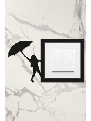 Ahşap Priz Çerçevesi Şemsiyeli Kız Çocuğu Temalı