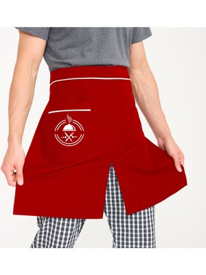 Mediterian Kırmızı Yırtmaçlı Yarım Önlük, Şık ve Kullanışlı Mutfak Giyim, 100x100, Keten