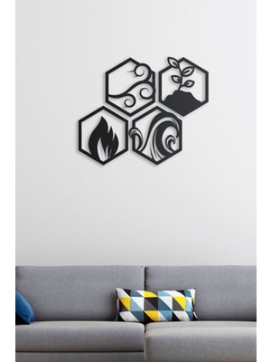 Siyah Ahşap Altıgen 4 Element Duvar Dekoru Salon Oturma Yatak Çocuk Odası Ofıs Için 70X70CM Tablo