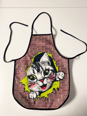 Mediterian Çocuk Mutfak ve Etkinlik Önlüğü, Kedi Figürlü, 46x35cm, Bağlanabilir, Renkli Kumaş