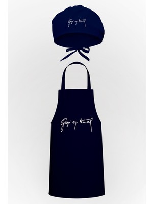Mediterian Lacivert mutfak önlüğü ve bone seti, şık ve kullanışlı tasarım
