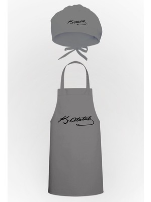 Mediterian Gri renkli mutfak önlüğü ve bone seti, pamuk polyester malzeme, şık tasarım.