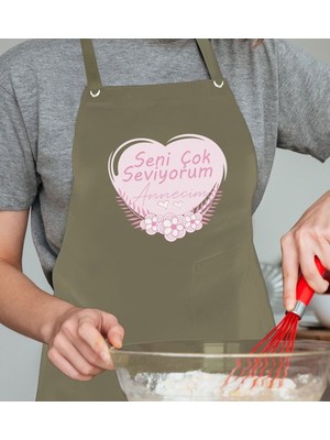 Mediterian Renkli Haki Mutfak Önlüğü, Şef ve Aşçı Tasarımı, Keten, Tek Ebat