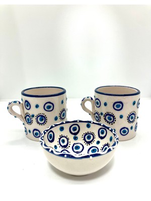 Fi Hediyelik Duble Türk Kahvesi El Yapımı Beyaz Nazar Boncuklu 3’lü Sunum Seti