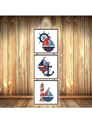 Çapa Dümen Tasarımlı Üçlü Retro Ahşap Poster Ü385