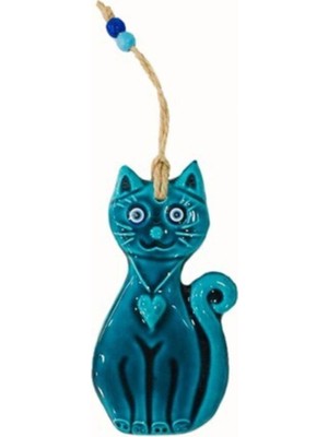 Seramik Turkuaz Kedi Formlu Duvar Süsü