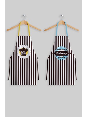 Mediterian Kahverengi çizgili şef önlüğü seti, şık ve kullanışlı mutfak aksesuarı